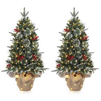 2 pc 3ft Pre-Lit Artificial Mini Christmas Tree with 78 Led Lights & Burlap Base with Berries