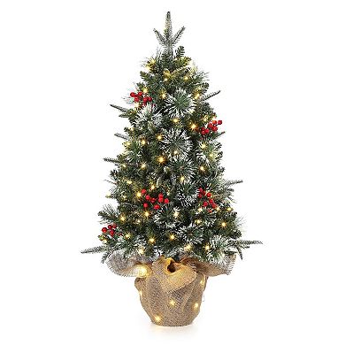 2pcs 3ft Pre-Lit Artificial Mini Christmas Tree with 78 Led Lights & Burlap Base with Berries