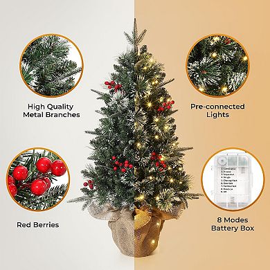 2pcs 3ft Pre-Lit Artificial Mini Christmas Tree with 78 Led Lights & Burlap Base with Berries