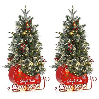 2 pc Pre-Lit 3ft Christmas Tree with Led Lights with Realistic Spruce Tips & Sleigh Base
