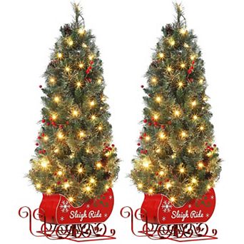 2 pc Pre-Lit 4.5ft Christmas Tree with Led Lights, Realistic Spruce Tips & Sleigh Base