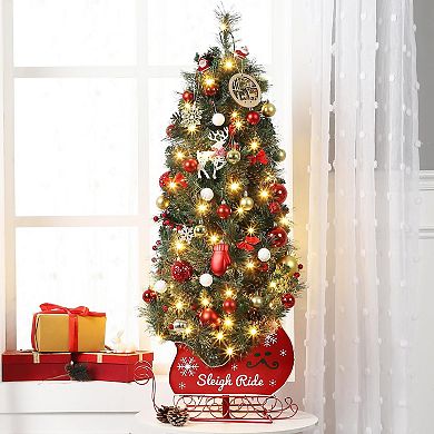 2pcs Pre-Lit 4.5ft Christmas Tree with Led Lights, Realistic Spruce Tips & Sleigh Base