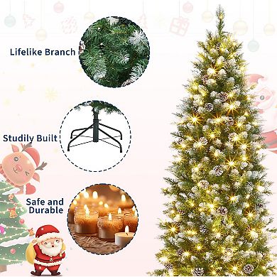 7.5FT Christmas Artificial Pencil Tree with Dual-Color LED Light, PVC, Mixed Flocked Pencil Tree