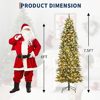 7.5FT Christmas Artificial Pencil Tree with Dual-Color LED Light, PVC, Mixed Flocked Pencil Tree