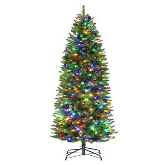 7.5Ft Flocked Pencil Christmas Tree with Lights, Slim Prelit Artificial Christmas Tree