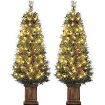 2 pc Artificial Christmas Tree, 4.5ft Pre-Lit Potted Snow Flocked Tree with 108 Warm White Lights