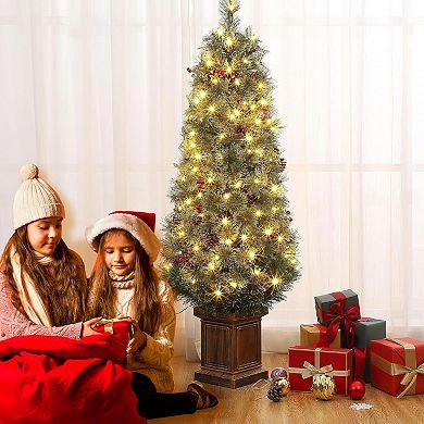 2pcs Artificial Christmas Tree, 4.5ft Pre-Lit Potted Snow Flocked Tree with 108 Warm White Lights