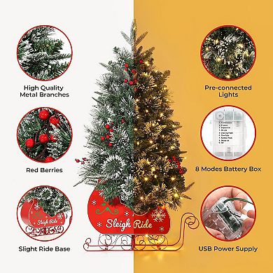 Pre-Lit 3ft Christmas Tree with Led Lights with Realistic Spruce Tips & Sleigh Base