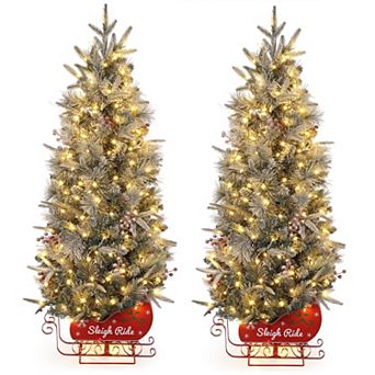 2 pc 4.5 Ft Pre-Lit Artificial Christmas Tree, 200 Warm White Led Lights, Sleigh Ride Base