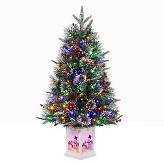3ft Pre-Lit Artificial Mini Christmas Tree with Multicolor Led Lights & Snowman Potted Base