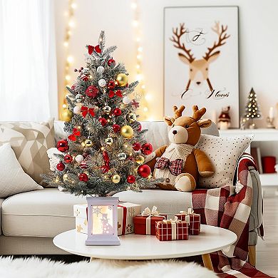 3ft Pre-Lit Artificial Mini Christmas Tree with Multicolor Led Lights & Snowman Potted Base