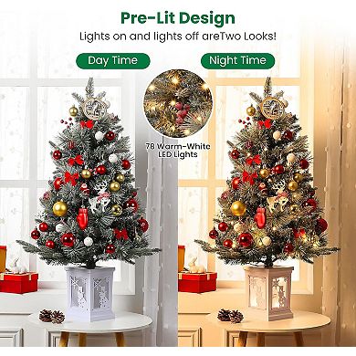 3ft Pre-Lit Artificial Mini Christmas Tree with Multicolor Led Lights & Snowman Potted Base
