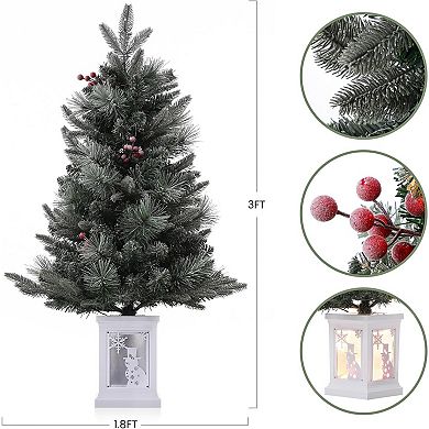 3ft Pre-Lit Artificial Mini Christmas Tree with Multicolor Led Lights & Snowman Potted Base