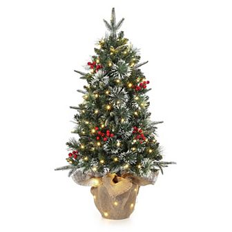 3ft Pre-Lit Artificial Mini Christmas Tree with 78 Led Lights & Burlap Base Festive with Berries