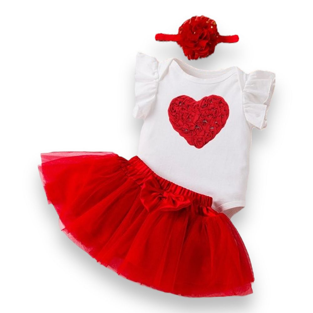 Children's Ruffled Bodysuit and Heart Decor Dress Set with Headband