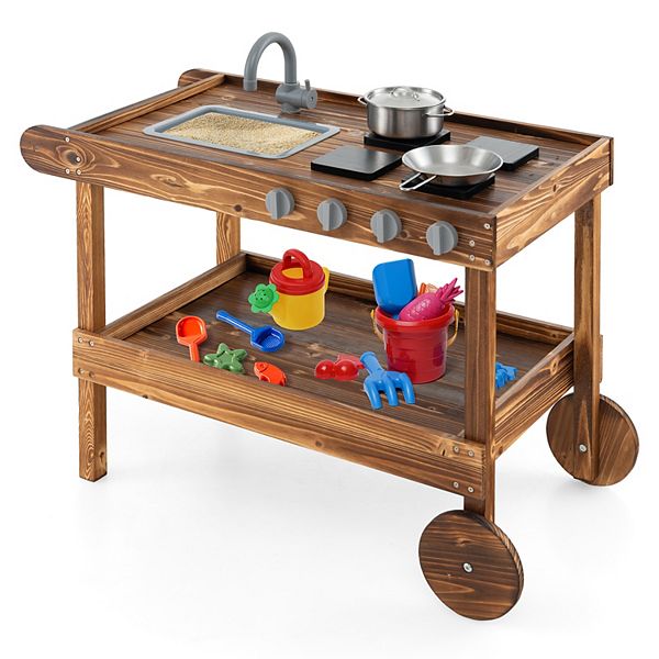 Outdoor Mud Kitchen Playset With Rolling Wheels, Sink And 4 Stoves
