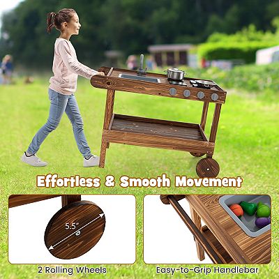 Outdoor Mud Kitchen Playset With Rolling Wheels, Sink And 4 Stoves