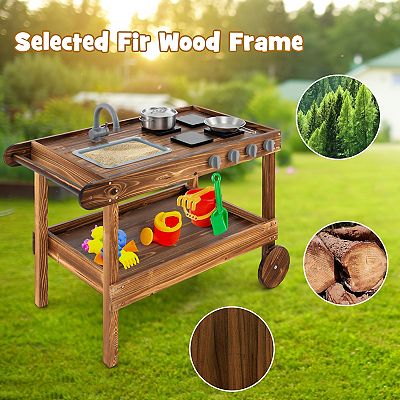 Outdoor Mud Kitchen Playset With Rolling Wheels, Sink And 4 Stoves