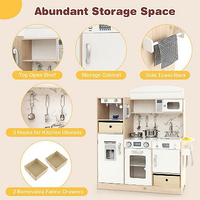Kids Kitchen Playset With Adjustable Led Lights Removable Fabric Bins