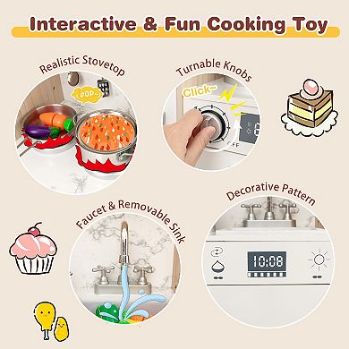 Kids Kitchen Playset With Adjustable Led Lights Removable Fabric Bins