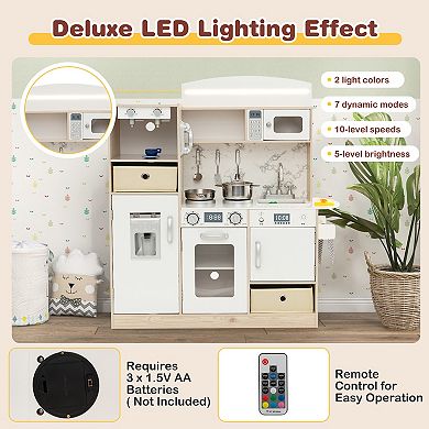 Kids Kitchen Playset With Adjustable Led Lights Removable Fabric Bins