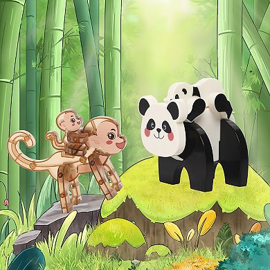 PicassoTiles 4 PC Panda & Monkey Parent and Baby Characters Themed, Magnetic Tiles for Kids 3+