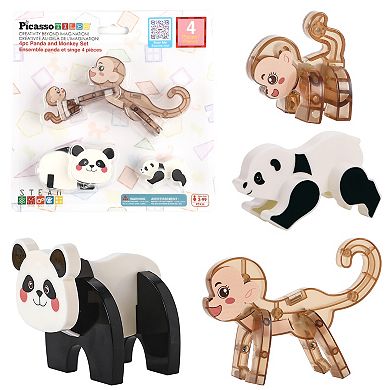 PicassoTiles 4 PC Panda & Monkey Parent and Baby Characters Themed, Magnetic Tiles for Kids 3+