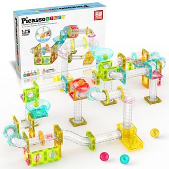 PicassoTiles 100 pc Mini Marble Race Track Building Block & Magnetic Tiles, STEM Toy for Kids 3+