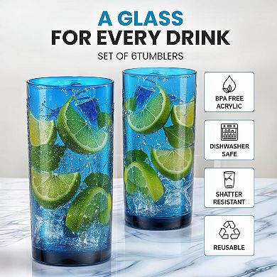 Zulay Kitchen Acrylic Glasses Drinkware - 6 Piece Unbreakable Plastic Tumblers 16oz