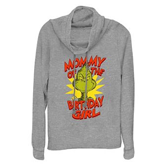 Women's Dr. Seuss Grinch Mommy Of The Birthday Girl Cowlneck Graphic Lightweight Long Sleeve