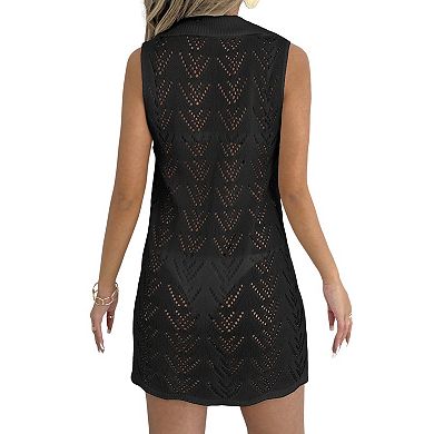 Women's Sleeveless Knit Beach Cover Up Summer Hollow Out Mini Dress