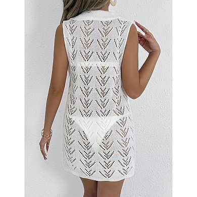 Women's Sleeveless Knit Beach Cover Up Summer Hollow Out Mini Dress