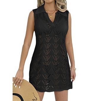 Women's Sleeveless Knit Beach Cover Up Summer Hollow Out Mini Dress