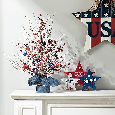 Glitzhome 20”h Patriotic Berry Table Tree With Burlap Base / Decorative Stars For Independence Day