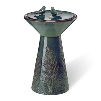 Glitzhome Two Birds Embossed Pedestal Outdoor Ceramic Birdbath Fountain with Lights