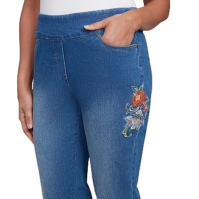 Women's Floral Vine Embroidered Denim Ankle Pants