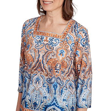Petite Alfred Dunner Medallion Bordered Square Neck Top
