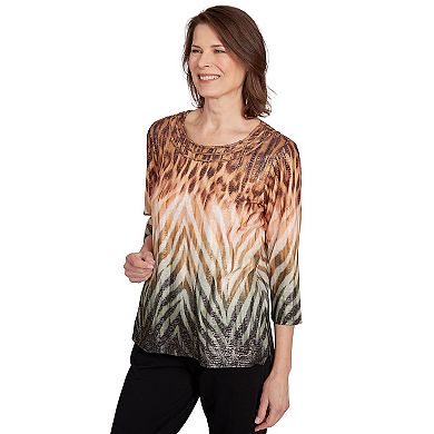 Petite Alfred Dunner Ombre Animal Print Three-Quarter Sleeve Top