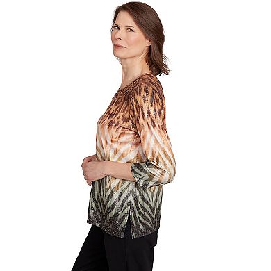 Petite Alfred Dunner Ombre Animal Print Three-Quarter Sleeve Top