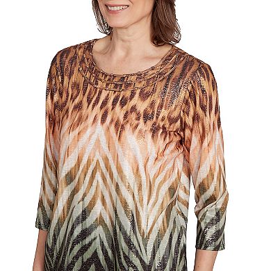 Petite Alfred Dunner Ombre Animal Print Three-Quarter Sleeve Top