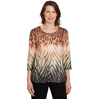 Petite Alfred Dunner Ombre Animal Print Three-Quarter Sleeve Top
