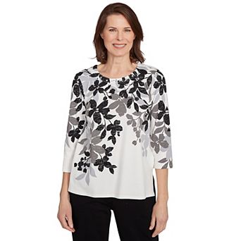 Petite Alfred Dunner Shadow Leaf Three-Quarter Sleeve Top