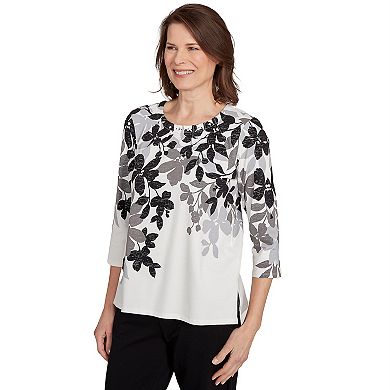 Petite Alfred Dunner Shadow Leaf Three-Quarter Sleeve Top