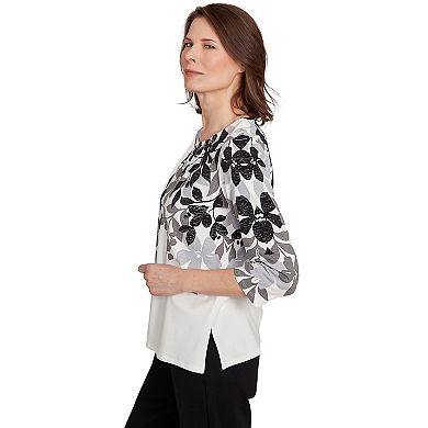 Petite Alfred Dunner Shadow Leaf Three-Quarter Sleeve Top