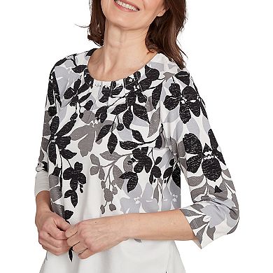 Petite Alfred Dunner Shadow Leaf Three-Quarter Sleeve Top