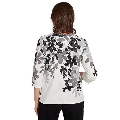 Petite Alfred Dunner Shadow Leaf Three-Quarter Sleeve Top