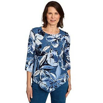 Petite Alfred Dunner Puff Print Denim Floral Top
