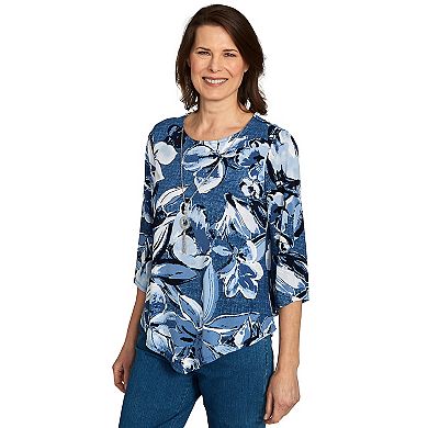Petite Alfred Dunner Puff Print Denim Floral Top