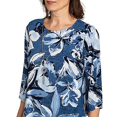Petite Alfred Dunner Puff Print Denim Floral Top