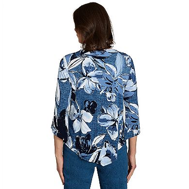 Petite Alfred Dunner Puff Print Denim Floral Top